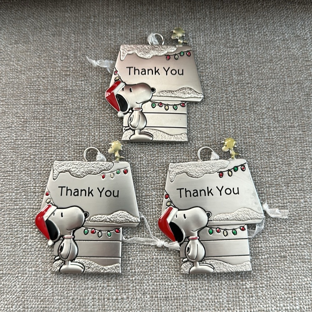 NWT 3 Hallmark Snoopy & Woodstock Ornaments Pewter Enamel THANK YOU Lot of 3